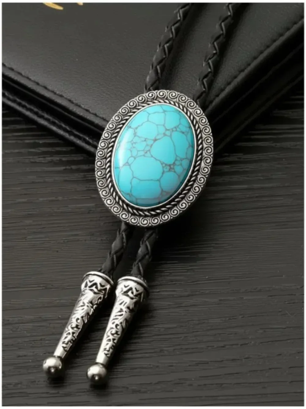 NWT Faux Turquoise Bolo Tie Western Cowboy Crackle Stone Necklace